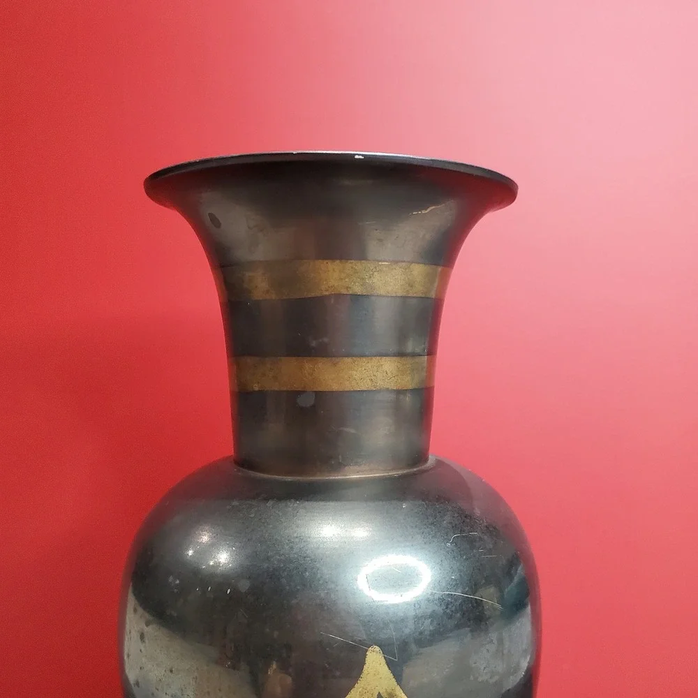 Vintage Hand-Etched Black & Gold Brass‎ Vase Made in India Mid-Century Decor